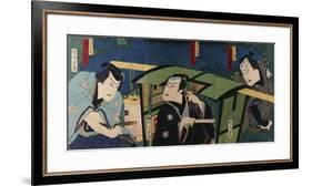An Oban Triptych Depicting a Nocturnal Scene with Three Actors before a Pal-Toyohara Kunichika-Framed Giclee Print