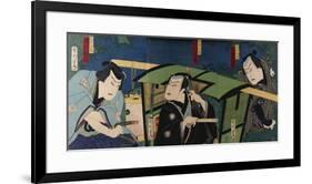 An Oban Triptych Depicting a Nocturnal Scene with Three Actors before a Pal-Toyohara Kunichika-Framed Giclee Print