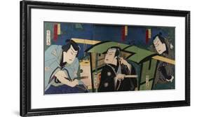 An Oban Triptych Depicting a Nocturnal Scene with Three Actors before a Pal-Toyohara Kunichika-Framed Giclee Print