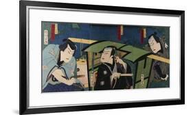 An Oban Triptych Depicting a Nocturnal Scene with Three Actors before a Pal-Toyohara Kunichika-Framed Giclee Print