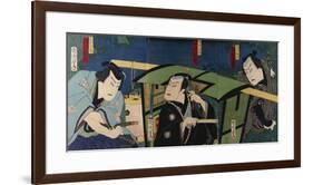 An Oban Triptych Depicting a Nocturnal Scene with Three Actors before a Pal-Toyohara Kunichika-Framed Giclee Print