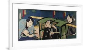An Oban Triptych Depicting a Nocturnal Scene with Three Actors before a Pal-Toyohara Kunichika-Framed Giclee Print