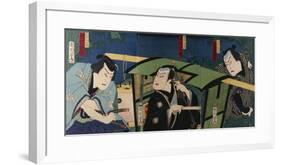 An Oban Triptych Depicting a Nocturnal Scene with Three Actors before a Pal-Toyohara Kunichika-Framed Giclee Print
