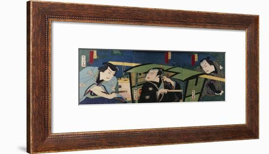 An Oban Triptych Depicting a Nocturnal Scene with Three Actors before a Pal-Toyohara Kunichika-Framed Giclee Print