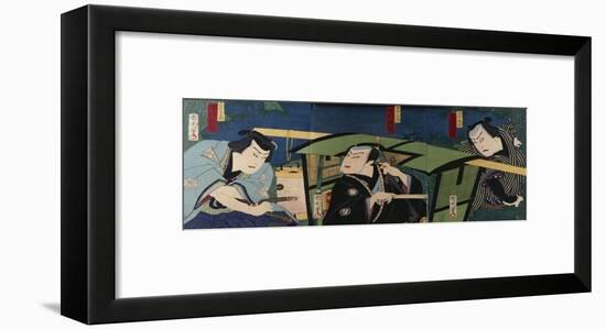 An Oban Triptych Depicting a Nocturnal Scene with Three Actors before a Pal-Toyohara Kunichika-Framed Giclee Print