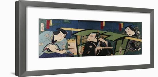 An Oban Triptych Depicting a Nocturnal Scene with Three Actors before a Pal-Toyohara Kunichika-Framed Giclee Print