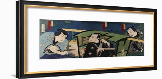 An Oban Triptych Depicting a Nocturnal Scene with Three Actors before a Pal-Toyohara Kunichika-Framed Giclee Print