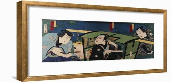 An Oban Triptych Depicting a Nocturnal Scene with Three Actors before a Pal-Toyohara Kunichika-Framed Giclee Print