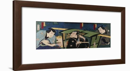 An Oban Triptych Depicting a Nocturnal Scene with Three Actors before a Pal-Toyohara Kunichika-Framed Giclee Print