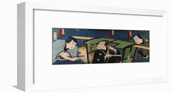 An Oban Triptych Depicting a Nocturnal Scene with Three Actors before a Pal-Toyohara Kunichika-Framed Giclee Print