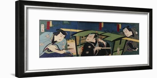 An Oban Triptych Depicting a Nocturnal Scene with Three Actors before a Pal-Toyohara Kunichika-Framed Giclee Print