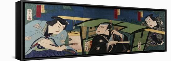 An Oban Triptych Depicting a Nocturnal Scene with Three Actors before a Pal-Toyohara Kunichika-Framed Premier Image Canvas