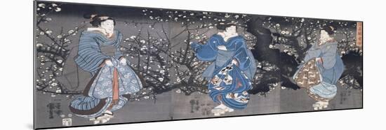 An Oban Triptych Depicting a Nocturnal Scene with Three Bijin-Kuniyoshi Utagawa-Mounted Giclee Print
