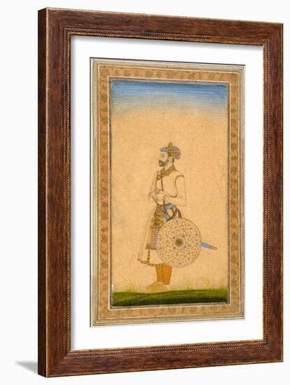 An Officer, Standing, with Sword and Shield, from the Small Clive Album, C.1600-Mughal-Framed Giclee Print