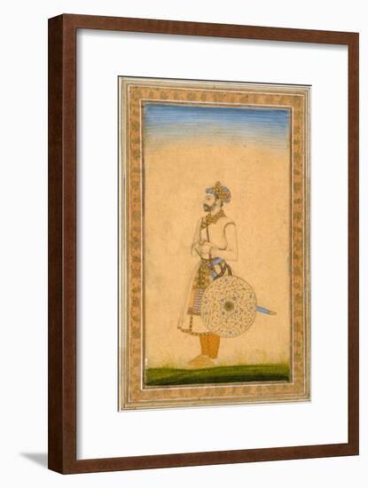 An Officer, Standing, with Sword and Shield, from the Small Clive Album, C.1600-Mughal-Framed Giclee Print