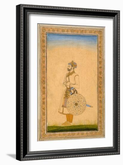 An Officer, Standing, with Sword and Shield, from the Small Clive Album, C.1600-Mughal-Framed Giclee Print