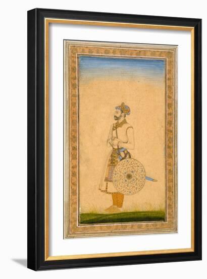 An Officer, Standing, with Sword and Shield, from the Small Clive Album, C.1600-Mughal-Framed Giclee Print