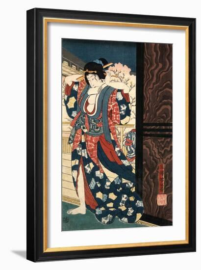 An Oiran with a Paper Kerchief in Her Mouth Advances Toward the Left-Yoshitoshi Taiso-Framed Art Print