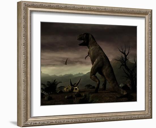 An Old-Fashioned Depiction of Tyrannosaurus Rex in Upright Stance-null-Framed Art Print