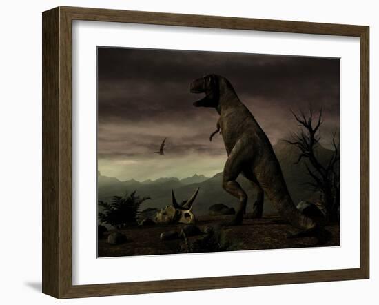 An Old-Fashioned Depiction of Tyrannosaurus Rex in Upright Stance-null-Framed Art Print