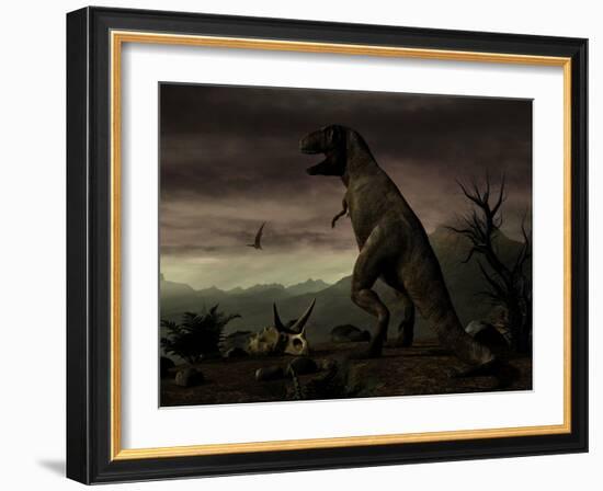 An Old-Fashioned Depiction of Tyrannosaurus Rex in Upright Stance-null-Framed Art Print