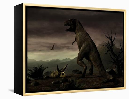 An Old-Fashioned Depiction of Tyrannosaurus Rex in Upright Stance-null-Framed Stretched Canvas