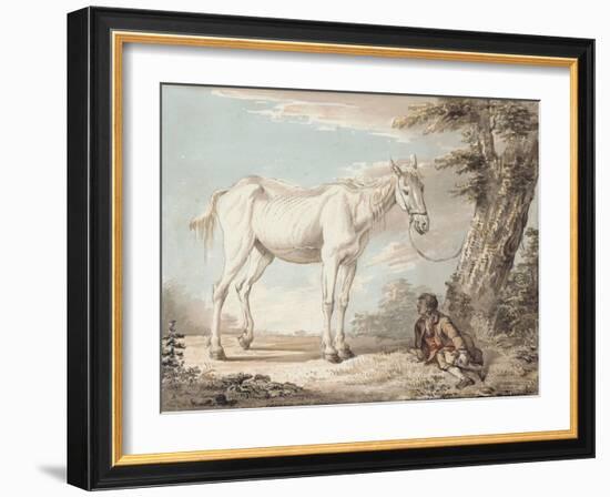 An Old Grey Horse Tethered to a Tree, a Boy Resting Nearby-Paul Sandby-Framed Giclee Print