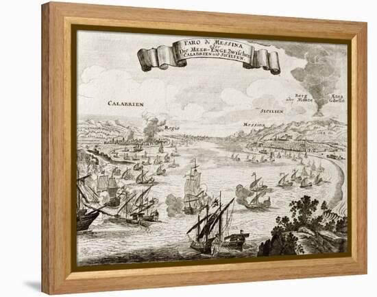 An Old Illustration Of Strait Of Messina, Between Italian Peninsula And Sicily-marzolino-Framed Stretched Canvas