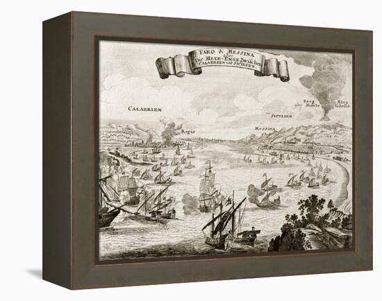 An Old Illustration Of Strait Of Messina, Between Italian Peninsula And Sicily-marzolino-Framed Stretched Canvas