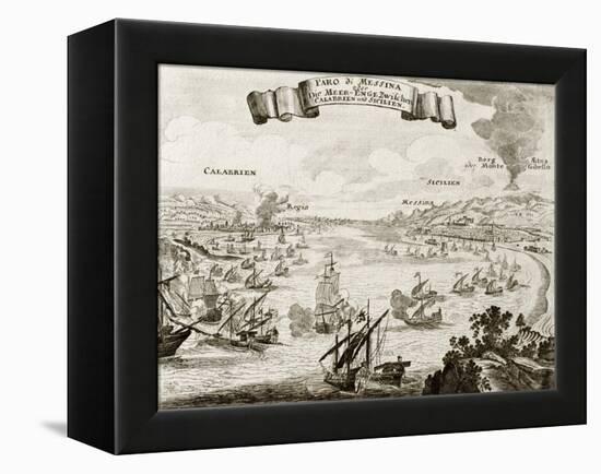 An Old Illustration Of Strait Of Messina, Between Italian Peninsula And Sicily-marzolino-Framed Stretched Canvas