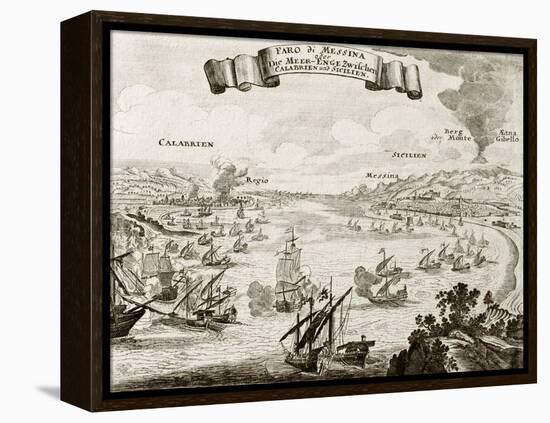 An Old Illustration Of Strait Of Messina, Between Italian Peninsula And Sicily-marzolino-Framed Stretched Canvas