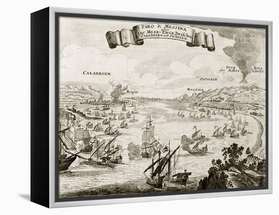 An Old Illustration Of Strait Of Messina, Between Italian Peninsula And Sicily-marzolino-Framed Stretched Canvas