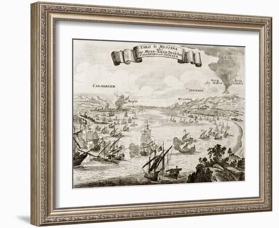 An Old Illustration Of Strait Of Messina, Between Italian Peninsula And Sicily-marzolino-Framed Art Print