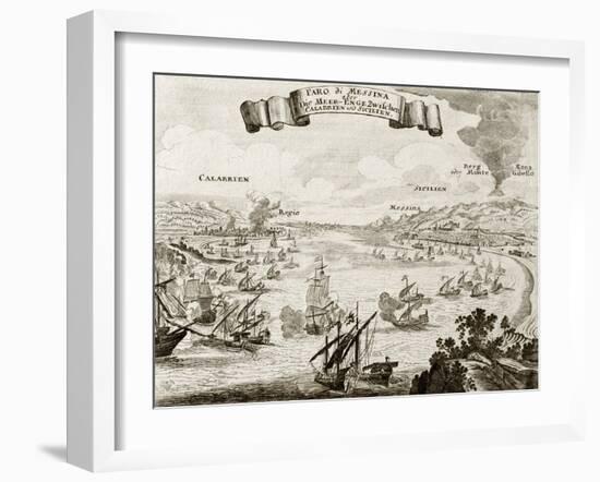 An Old Illustration Of Strait Of Messina, Between Italian Peninsula And Sicily-marzolino-Framed Art Print