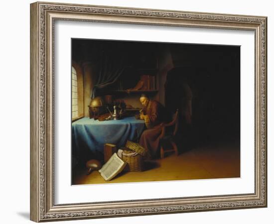 An Old Man Lighting His Pipe in a Study-Gerard Dou-Framed Giclee Print