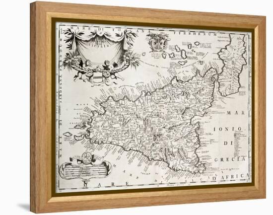 An Old Map Of Sicily, The Original Was Created By V-marzolino-Framed Stretched Canvas