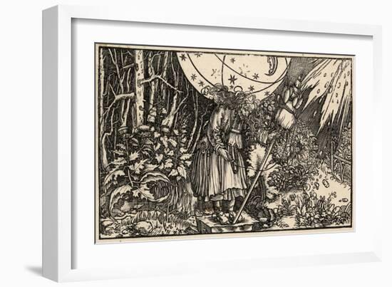 An Old Witch Working Magic Using Her Distaff to Cause a Storm-Hans Weidlitz-Framed Art Print