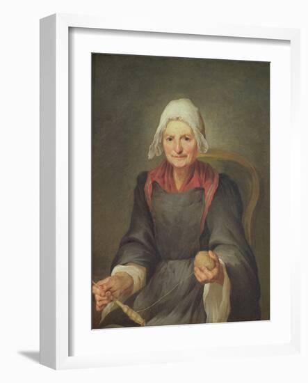 An Old Woman Spinning (Oil on Canvas)-French School-Framed Giclee Print