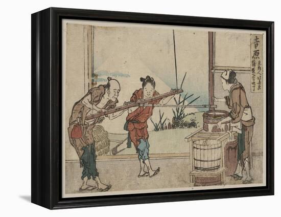 An Older Man and Two Young Apprentices Manually Operating a Stirring Device, Yoshiwara-Katsushika Hokusai-Framed Premier Image Canvas