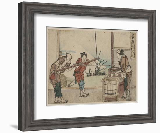 An Older Man and Two Young Apprentices Manually Operating a Stirring Device, Yoshiwara-Katsushika Hokusai-Framed Giclee Print