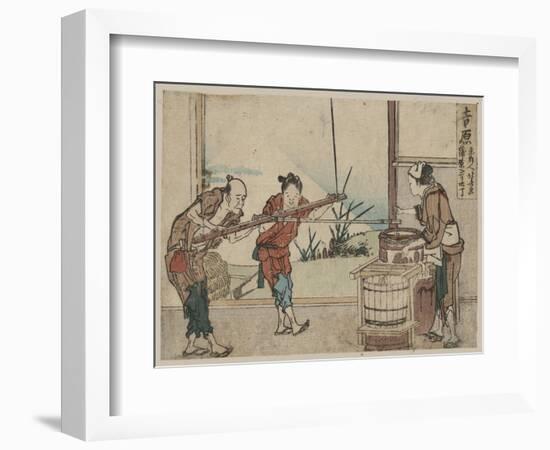 An Older Man and Two Young Apprentices Manually Operating a Stirring Device, Yoshiwara-Katsushika Hokusai-Framed Giclee Print