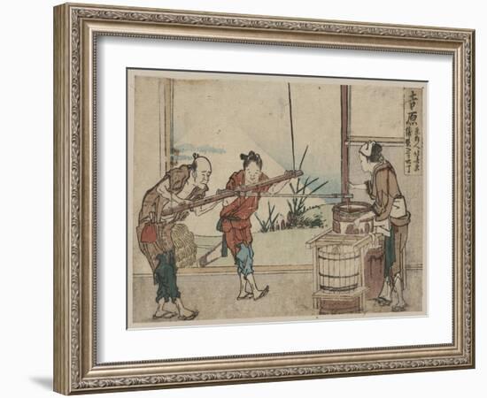 An Older Man and Two Young Apprentices Manually Operating a Stirring Device, Yoshiwara-Katsushika Hokusai-Framed Giclee Print