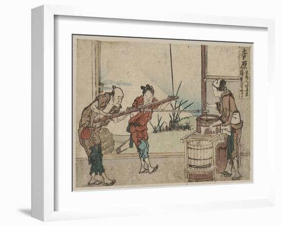 An Older Man and Two Young Apprentices Manually Operating a Stirring Device, Yoshiwara-Katsushika Hokusai-Framed Giclee Print