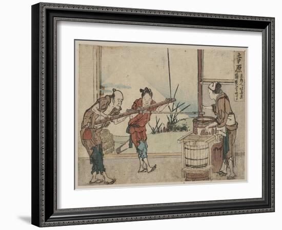 An Older Man and Two Young Apprentices Manually Operating a Stirring Device, Yoshiwara-Katsushika Hokusai-Framed Giclee Print