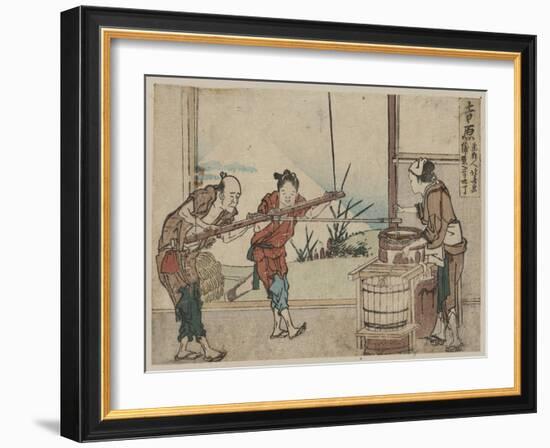 An Older Man and Two Young Apprentices Manually Operating a Stirring Device, Yoshiwara-Katsushika Hokusai-Framed Giclee Print