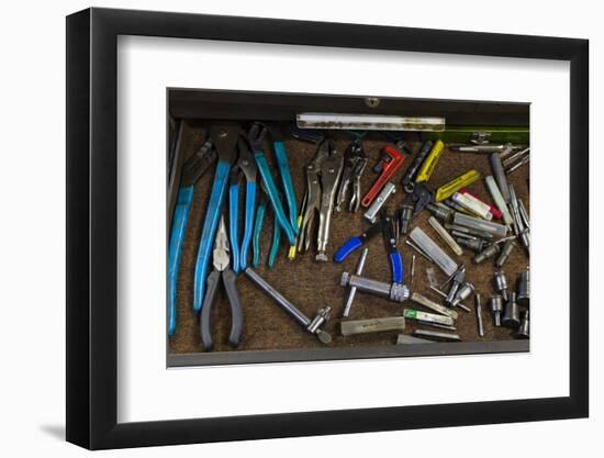 An open toolbox drawer filled with various handtools-Panoramic Images-Framed Photographic Print