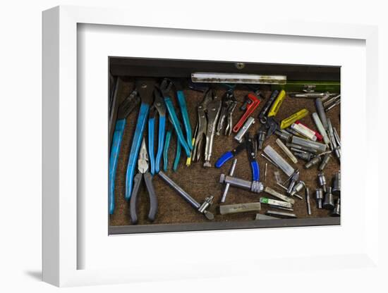 An open toolbox drawer filled with various handtools-Panoramic Images-Framed Photographic Print