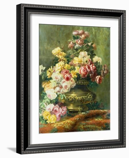 An Opulent Still Life of Roses in a Brass Urn-Jean Capeinick-Framed Giclee Print