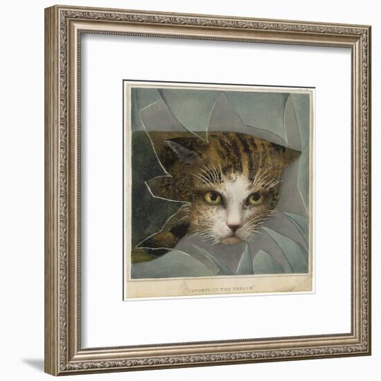 An Orange and Black Cat Looks Through a Broken Windowpane-null-Framed Art Print