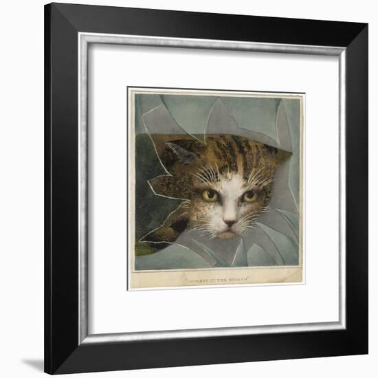 An Orange and Black Cat Looks Through a Broken Windowpane-null-Framed Art Print